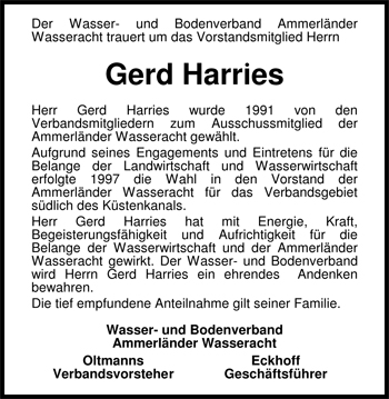 Traueranzeige von Gerhard (Gerd) Harries von Nordwest-Zeitung