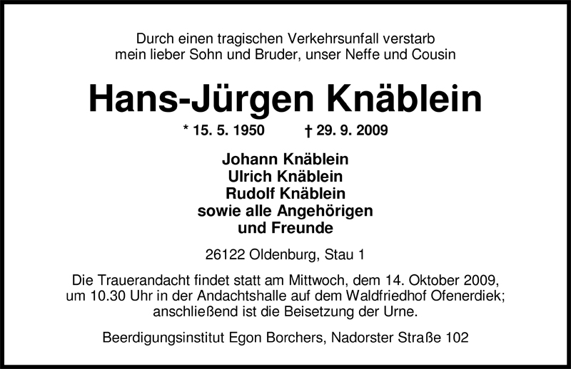  Traueranzeige für Hans-Jürgen Knäblein vom 08.10.2009 aus Nordwest-Zeitung