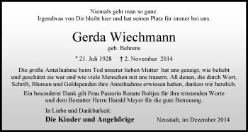 Traueranzeige von Gerda Wiechmann von Nordwest-Zeitung