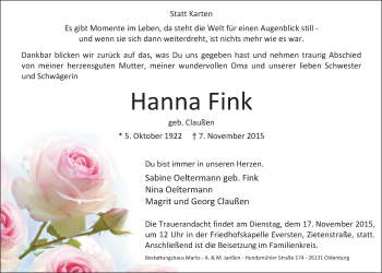Traueranzeige von Hanna Fink von Nordwest-Zeitung