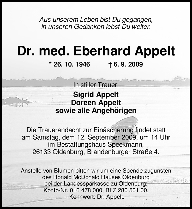 Traueranzeige für Eberhard Appelt vom 09.09.2009 aus Nordwest-Zeitung