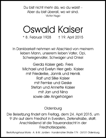 Traueranzeige von Oswald Kaiser von Nordwest-Zeitung