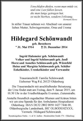 Traueranzeige von Hildegard Schönwandt von Nordwest-Zeitung