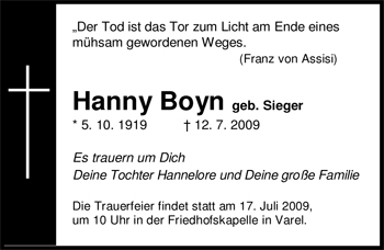 Traueranzeige von Hanny Boyn von Nordwest-Zeitung