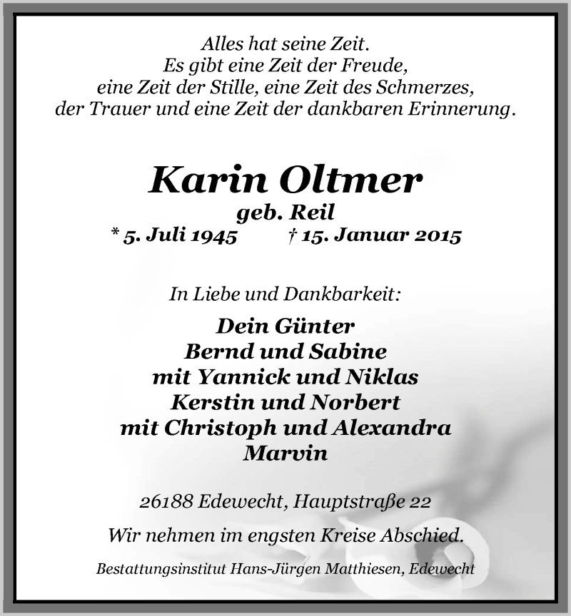  Traueranzeige für Karin Oltmer vom 20.01.2015 aus Nordwest-Zeitung