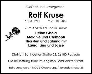 Traueranzeige von Rolf Kruse von Nordwest-Zeitung