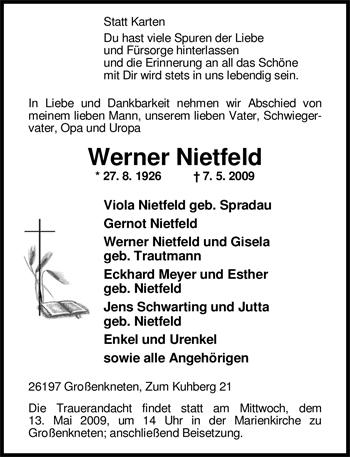 Traueranzeige von Werner Nietfeld von Nordwest-Zeitung