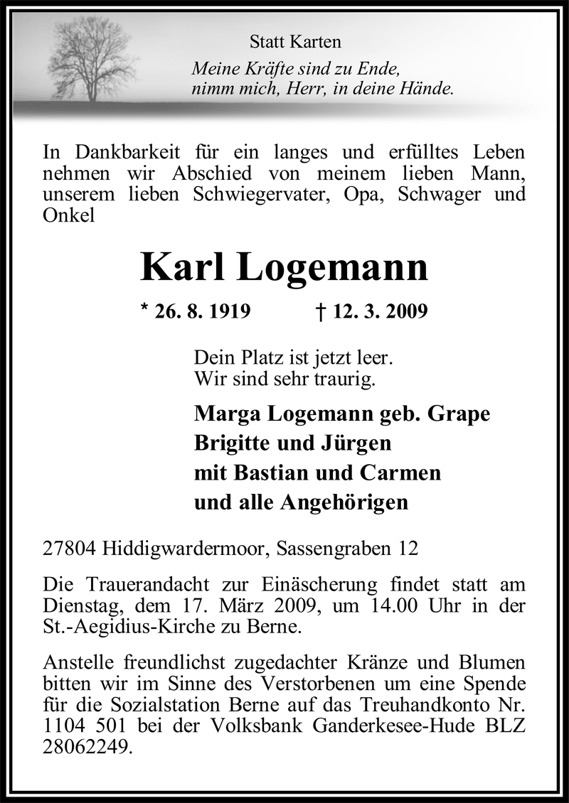  Traueranzeige für Karl Logemann vom 14.03.2009 aus Nordwest-Zeitung