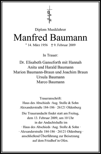 Traueranzeige von Manfred Baumann von Nordwest-Zeitung