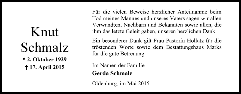  Traueranzeige für Knut Schmalz vom 13.05.2015 aus Nordwest-Zeitung