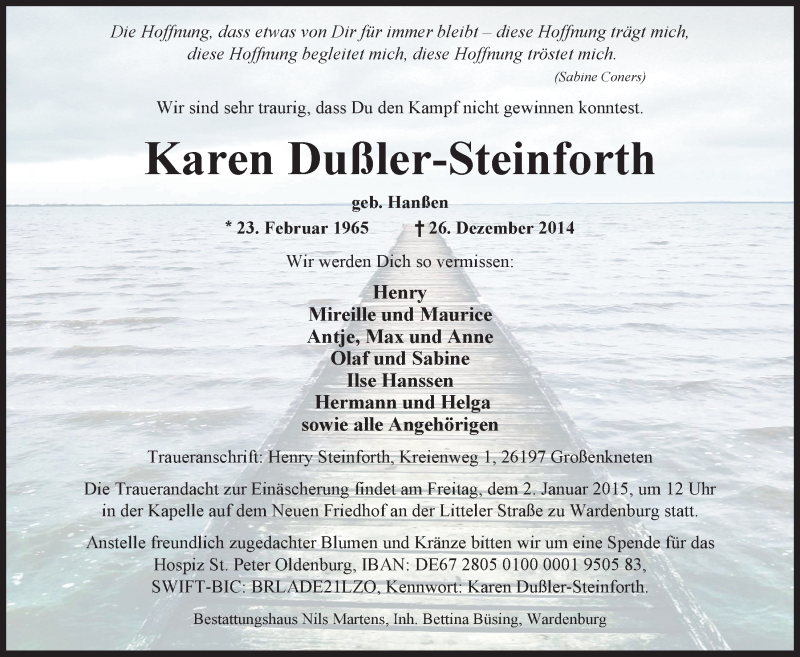  Traueranzeige für Karen Dußler-Steinforth vom 29.12.2014 aus Nordwest-Zeitung