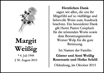Traueranzeige von Margit Weißig von Nordwest-Zeitung