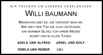 Traueranzeige von Willi Baumann von Nordwest-Zeitung