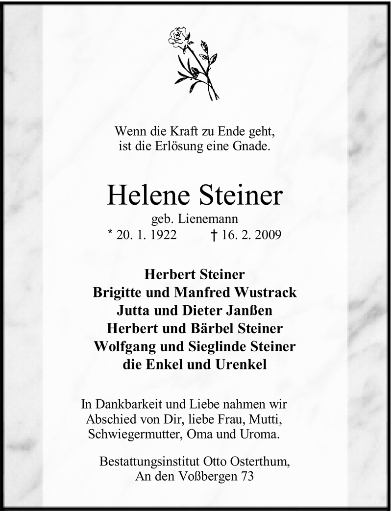  Traueranzeige für Helene Steiner vom 28.02.2009 aus Nordwest-Zeitung