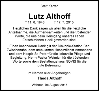 Traueranzeige von Lutz Althoff von Nordwest-Zeitung