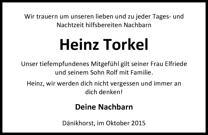  Traueranzeige für Heinz Torkel vom 19.10.2015 aus Nordwest-Zeitung