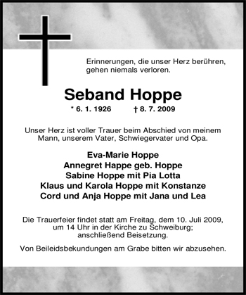 Traueranzeige von Seband Hoppe von Nordwest-Zeitung