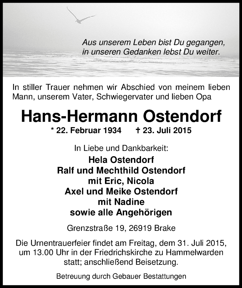  Traueranzeige für Hans Hermann Ostendorf vom 25.07.2015 aus Nordwest-Zeitung
