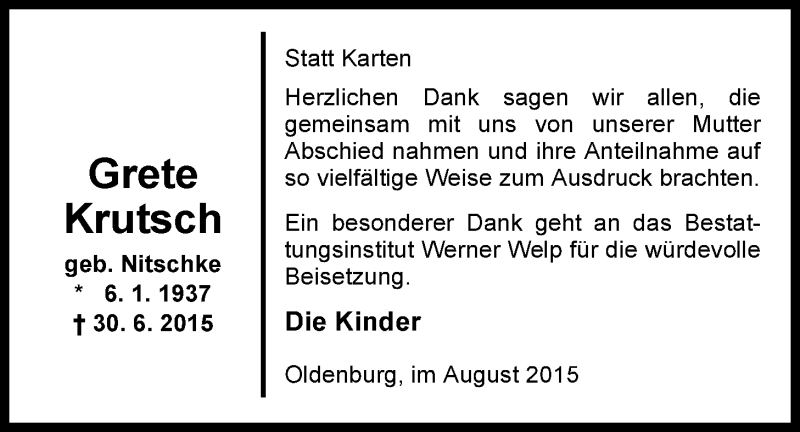  Traueranzeige für Grete Krutsch vom 15.08.2015 aus Nordwest-Zeitung