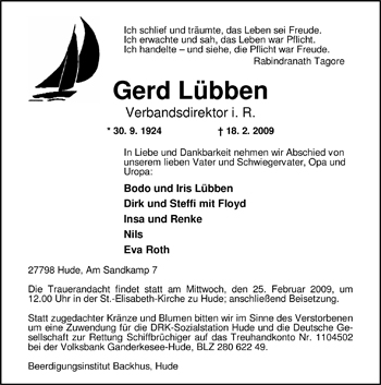 Traueranzeige von Gerd Lübben von Nordwest-Zeitung