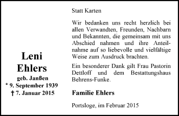 Traueranzeige von Leni Ehlers von Nordwest-Zeitung