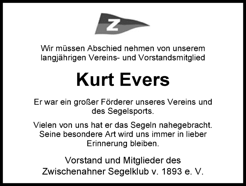 Traueranzeige für Kurt Evers vom 04.04.2015 aus Nordwest-Zeitung