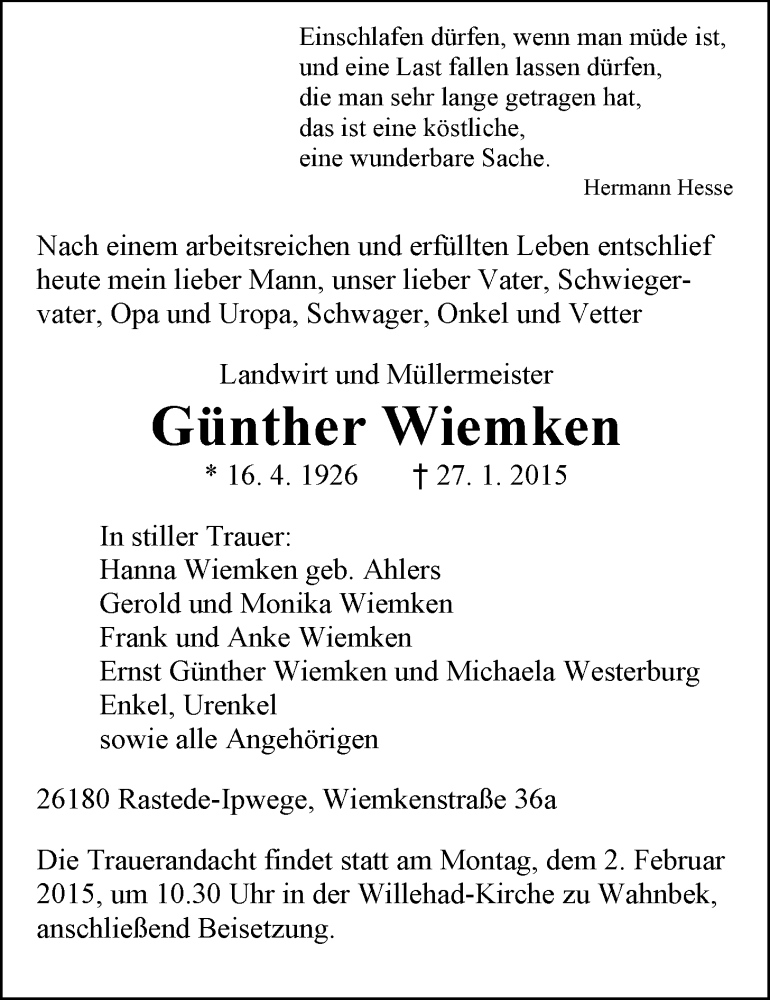  Traueranzeige für Günther Wiemken vom 29.01.2015 aus Nordwest-Zeitung