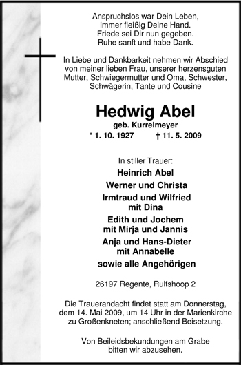 Traueranzeige von Hedwig Abel von Nordwest-Zeitung