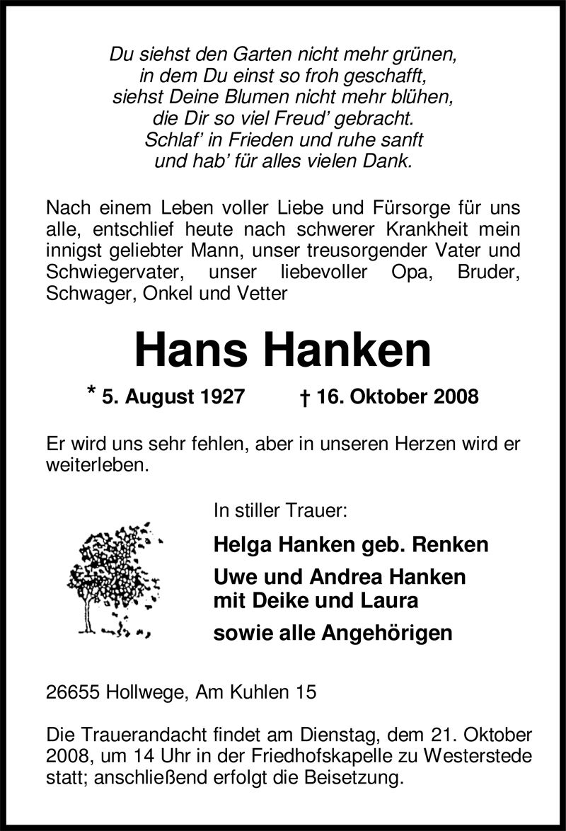  Traueranzeige für Hans Hanken vom 17.10.2008 aus Nordwest-Zeitung