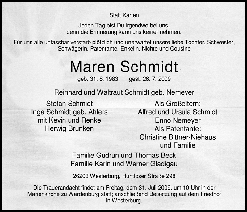 Traueranzeige für Maren Schmidt vom 29.07.2009 aus Nordwest-Zeitung