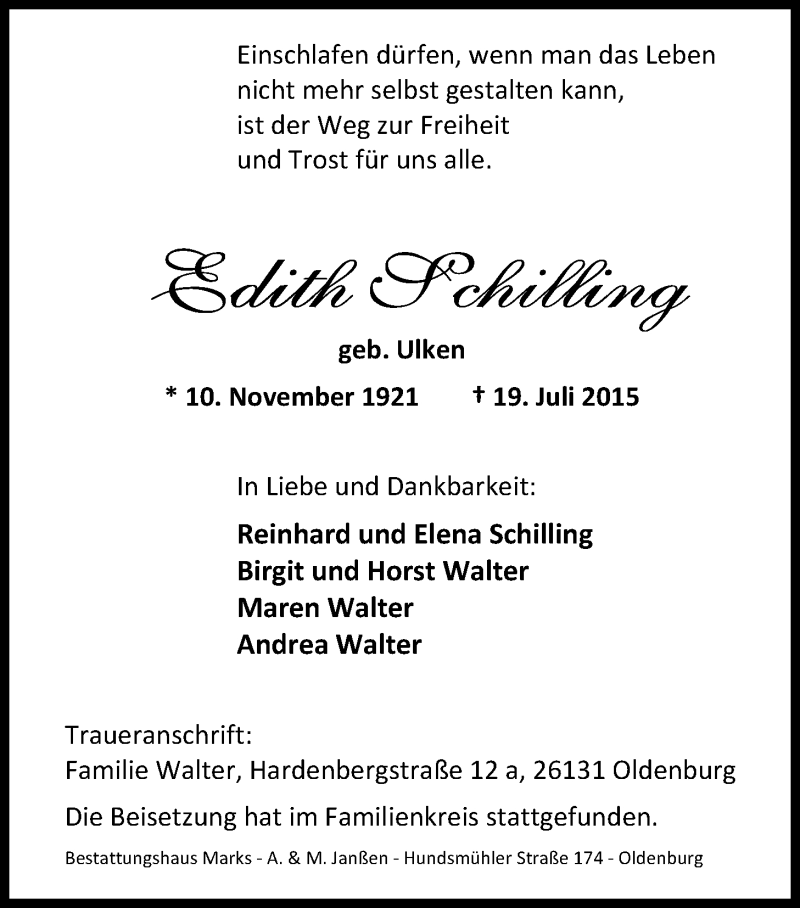  Traueranzeige für Edith Schilling vom 28.07.2015 aus Nordwest-Zeitung