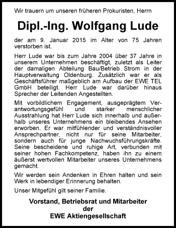 Traueranzeige von Wolfgang Lude von Nordwest-Zeitung