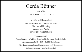 Traueranzeige von Gerda Böttner von Nordwest-Zeitung
