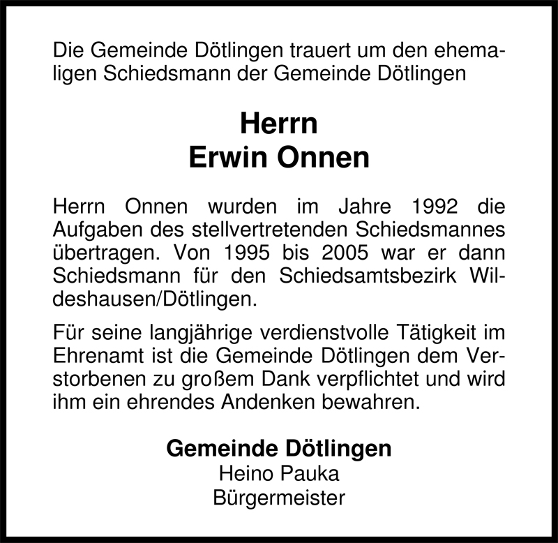  Traueranzeige für Erwin Onnen vom 14.01.2009 aus Nordwest-Zeitung