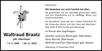 Traueranzeige von Waltraud Braatz von Nordwest-Zeitung