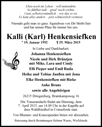 Traueranzeige von Karl Henkensiefken von Nordwest-Zeitung