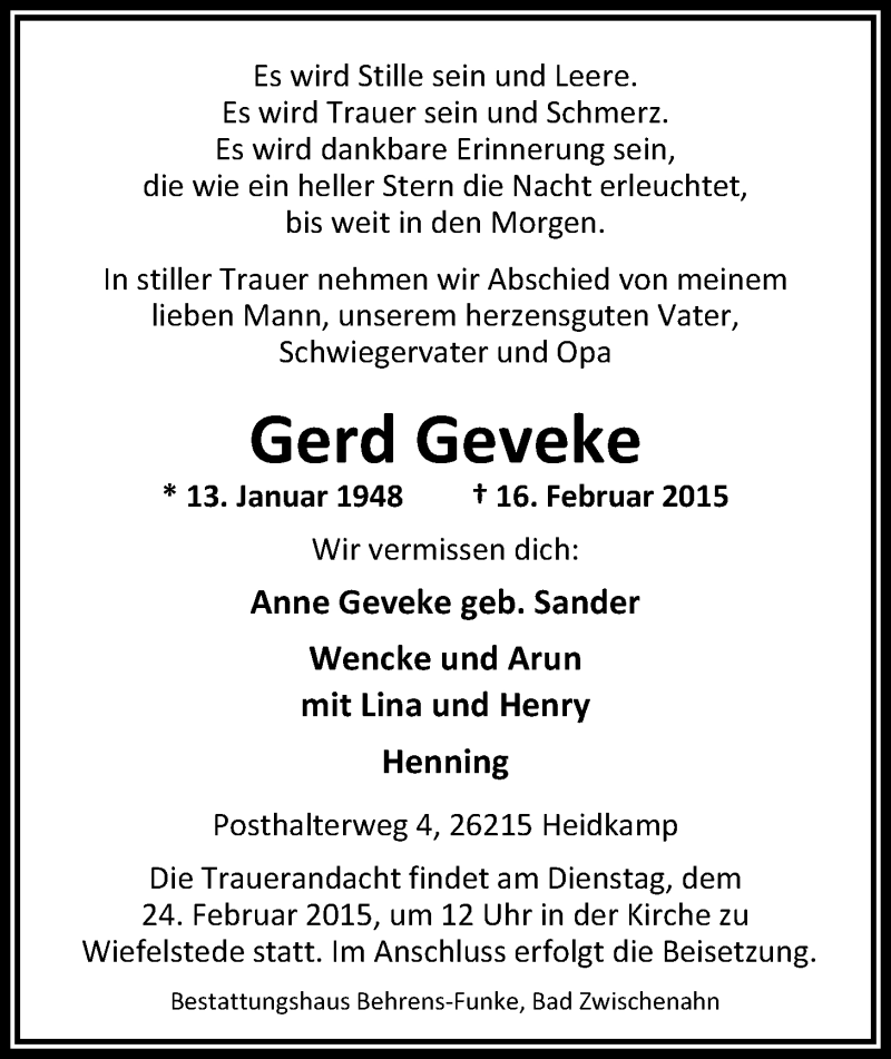  Traueranzeige für Gerd Geveke vom 21.02.2015 aus Nordwest-Zeitung