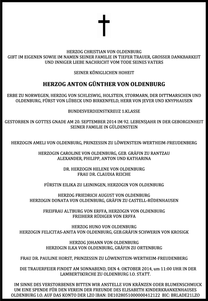  Traueranzeige für Anton Günther  Herzog von Oldenburg vom 23.09.2014 aus Nordwest Zeitung