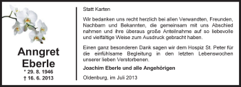 Traueranzeige von Anngret Eberle von Nordwest Zeitung