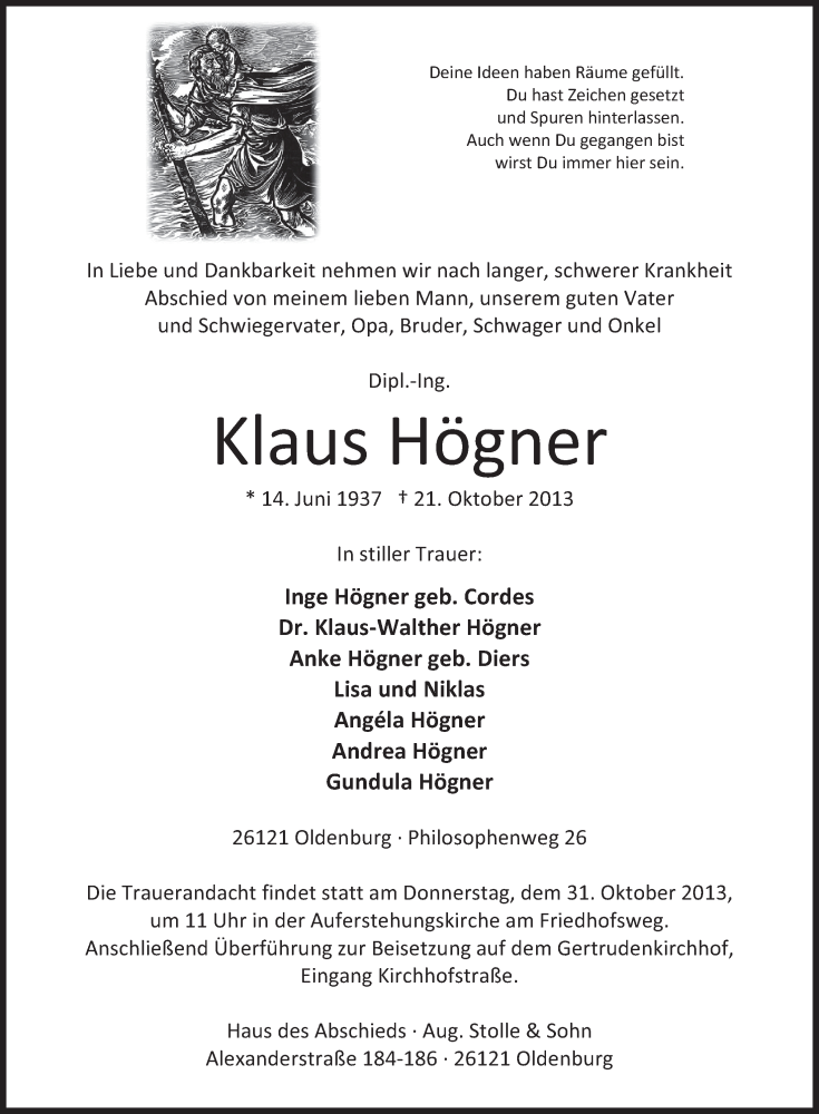  Traueranzeige für Klaus Högner vom 26.10.2013 aus Nordwest Zeitung