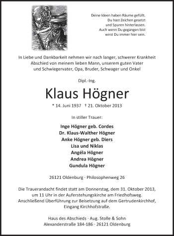 Traueranzeige von Klaus Högner von Nordwest Zeitung
