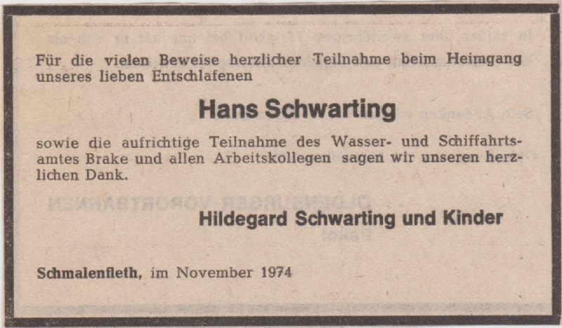  Traueranzeige für Hans Schwarting vom 27.11.1974 aus Nordwest Zeitung