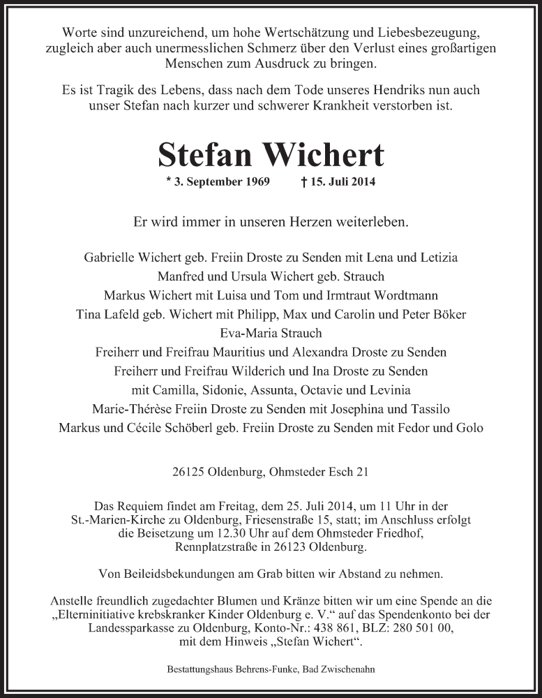  Traueranzeige für Stefan Wichert vom 19.07.2014 aus Nordwest-Zeitung