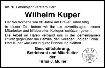 Traueranzeige von Wilhelm Kuper von Nordwest-Zeitung