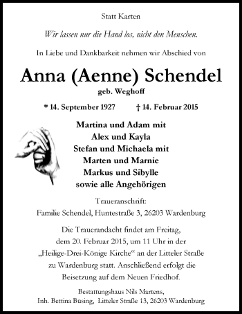 Traueranzeige von Anna (Aenne) Schendel von Nordwest-Zeitung