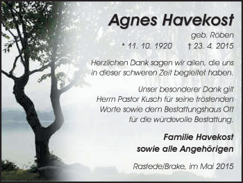 Traueranzeige von Agnes Havekost von Nordwest-Zeitung