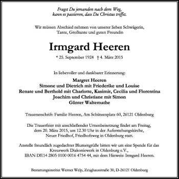 Traueranzeige von Irmgard Heeren von Nordwest-Zeitung