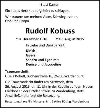 Traueranzeige von Rudolf Kobuss von Nordwest-Zeitung