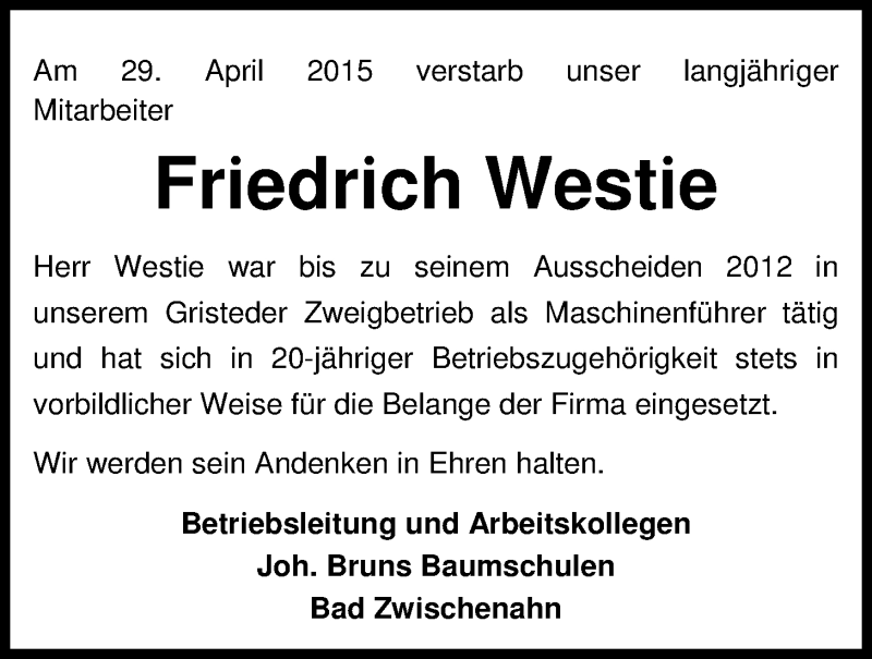  Traueranzeige für Fritz Westie vom 15.05.2015 aus Nordwest-Zeitung