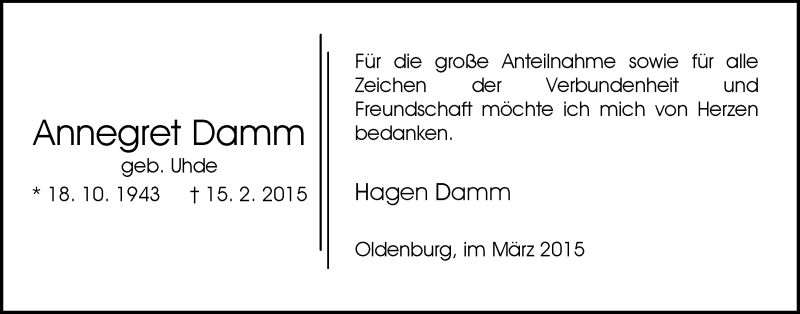  Traueranzeige für Annegret Damm vom 21.03.2015 aus Nordwest-Zeitung